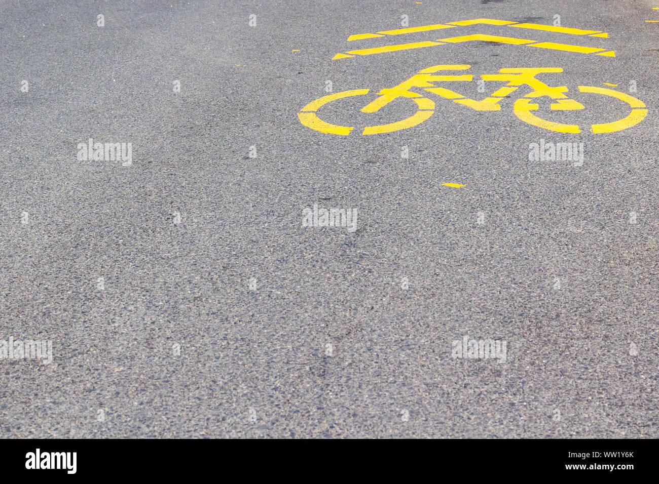 Pista ciclabile gialla dipinta su strada asfaltata, Sopron, Ungheria Foto Stock