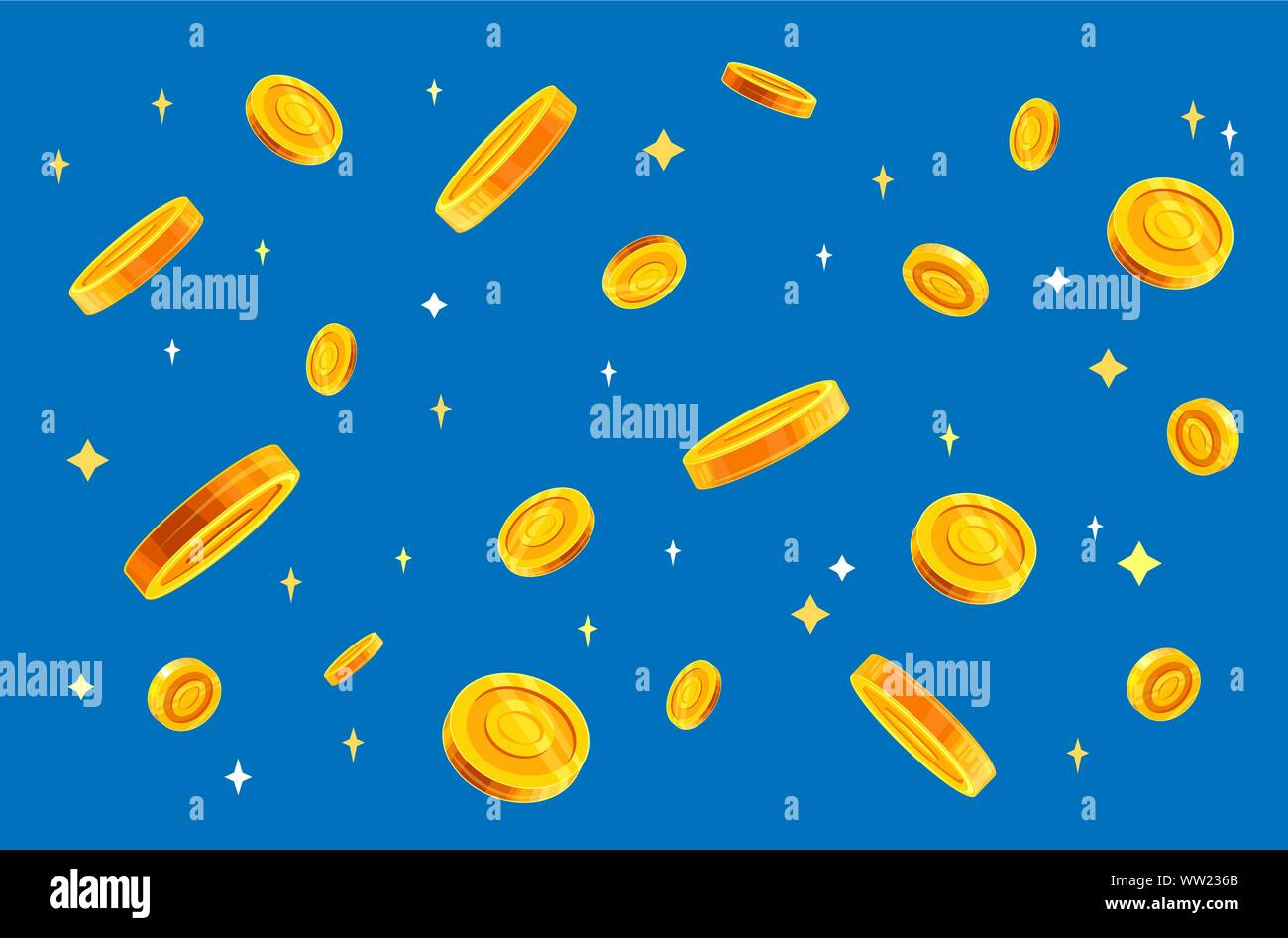 Le monete d'oro denaro rientranti illustrazione vettoriale, di tipo piatto la caduta delle monete in euro, isolata su uno sfondo colorato. Illustrazione Vettoriale