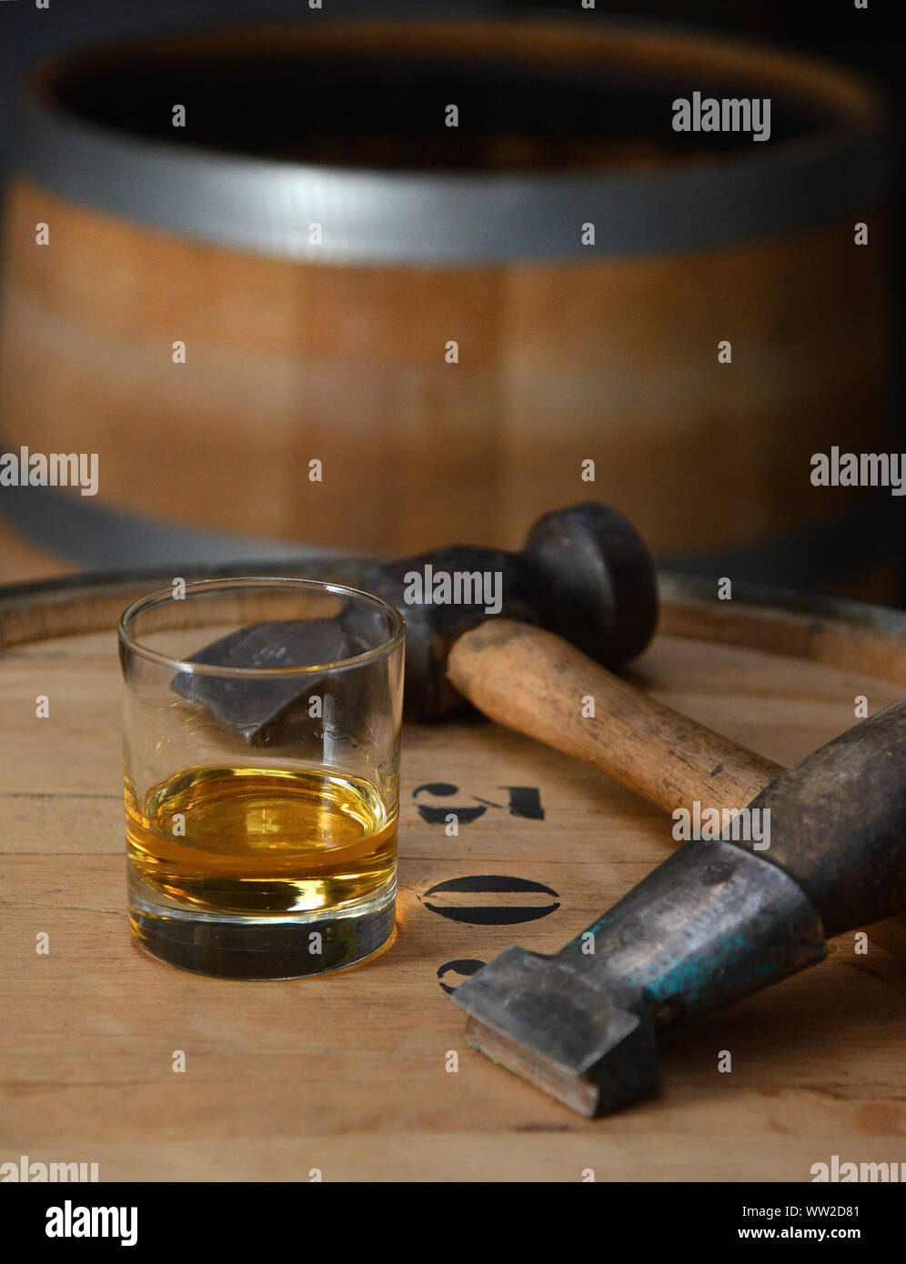 JON SAVAGE fotografia un bicchiere di whisky Highland single malt whisky sulla cima di un barile di whisky Foto Stock