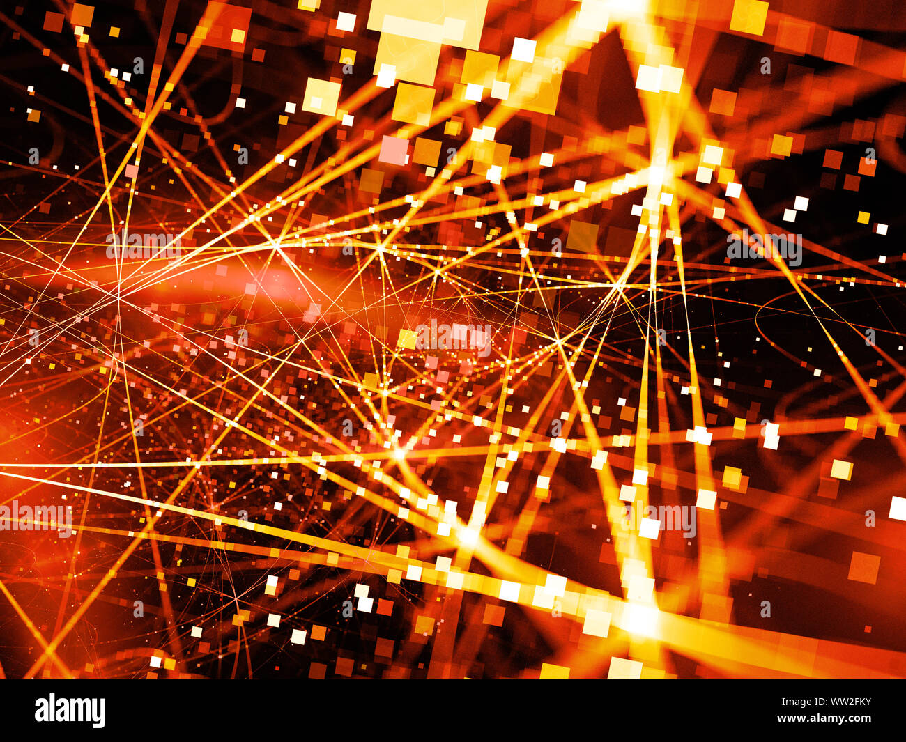 Fiery incandescente linee di collegamento con particelle, nuova tecnologia, big i dati generati da computer sfondo astratto Foto Stock
