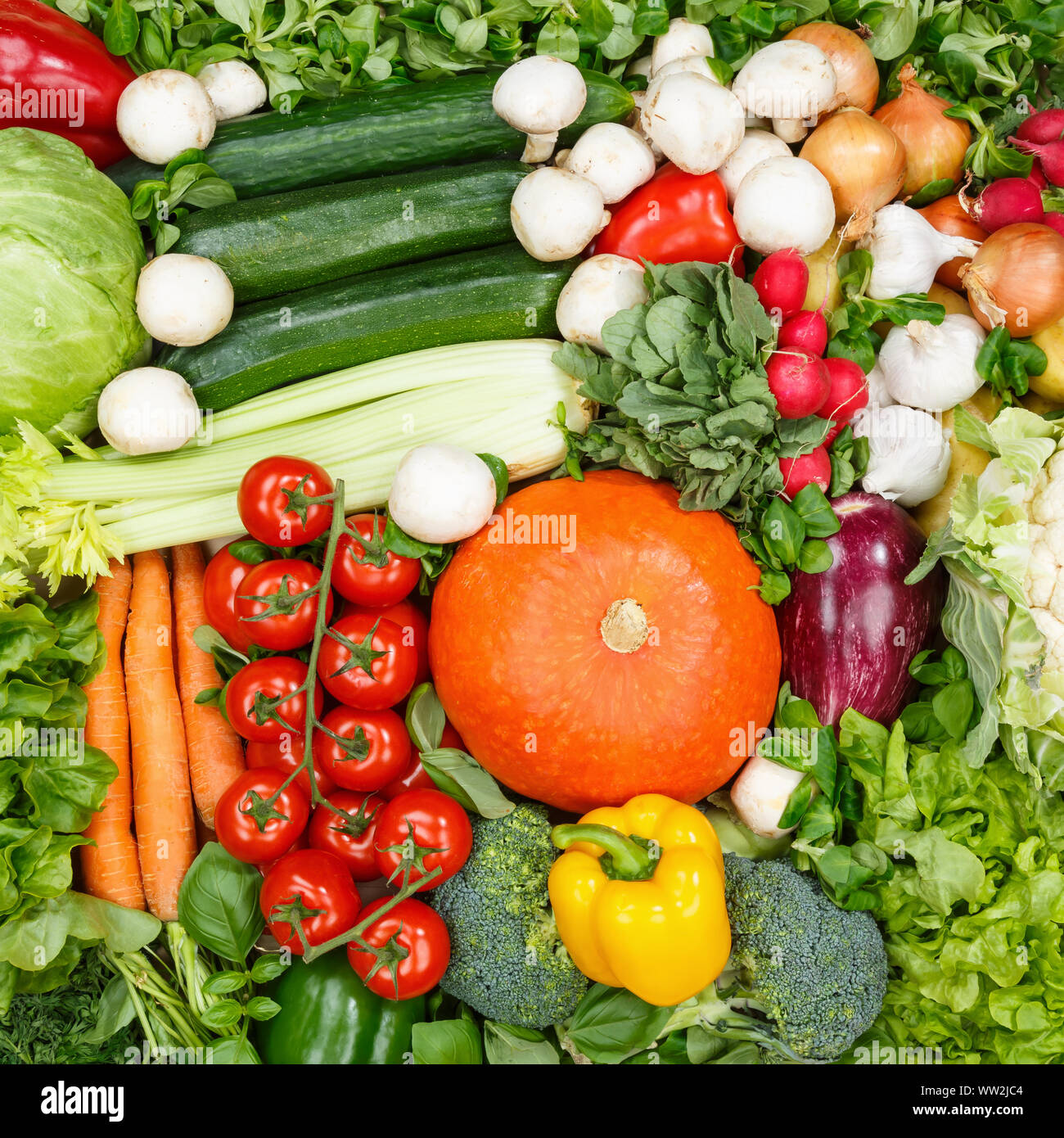 Raccolta di verdure Cibi quadrato di sfondo Pomodori Carote Patate fresche sfondi vegetali Foto Stock