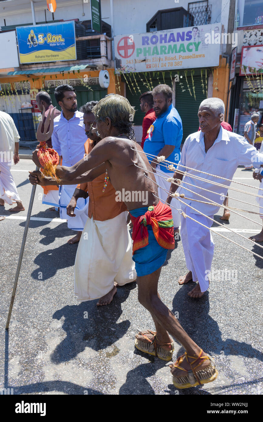 Pusellawa, Sri Lanka, 12 marzo 2019:festival indù di Thaipusam - body piercing rituali sotto la luna di sangue. Devoto a sfilare attraverso la città, walki Foto Stock