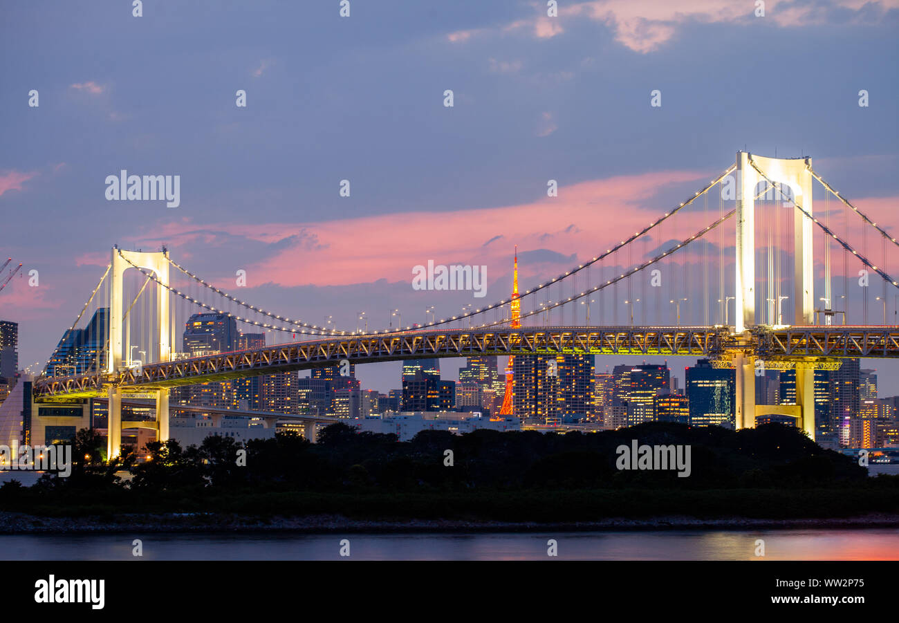 Lo skyline di Tokyo con il Rainbow Bridge e la torre di Tokyo Foto Stock