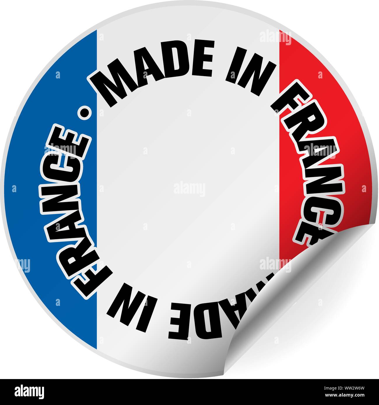 Round realizzato in Francia adesivo o badge con bandiera italiana, un lato avvolto a ricciolo illustrazione vettoriale Illustrazione Vettoriale