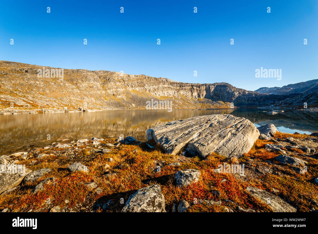Orange autunno tundra groenlandese paesaggio con big stone e il lago in background, Nuuk, Groenlandia Foto Stock