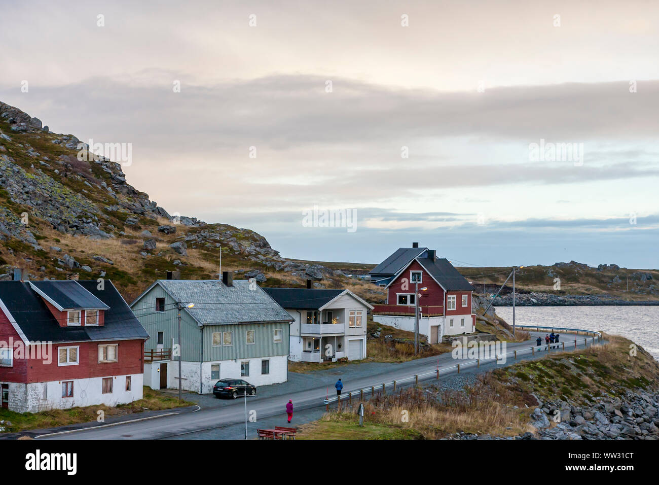 Strandgata, Havøysund, Måsøy, Finnmark, nel nord della Norvegia Foto Stock