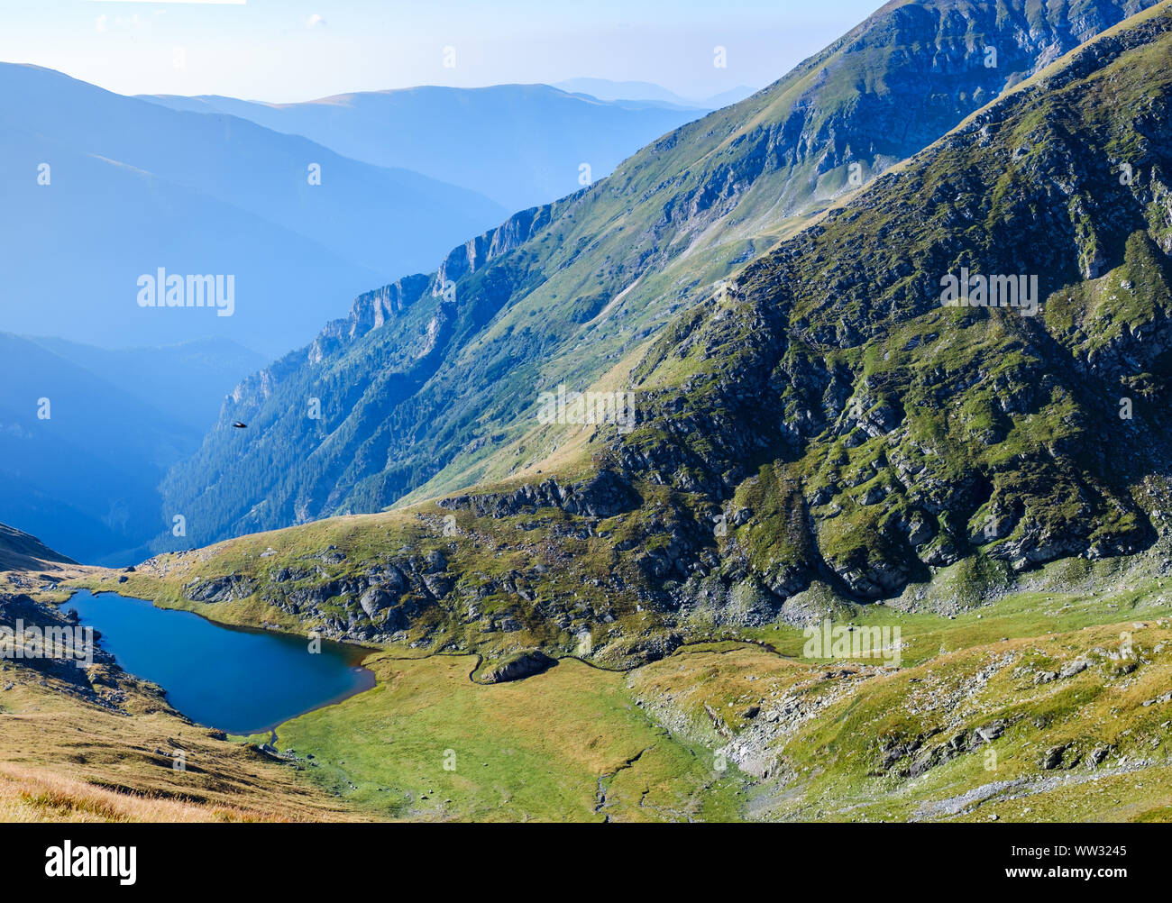 Uccelli rapaci sopra la valle di Buda e lago di Buda dal Monti Fagaras, Romania, 2290 m Foto Stock