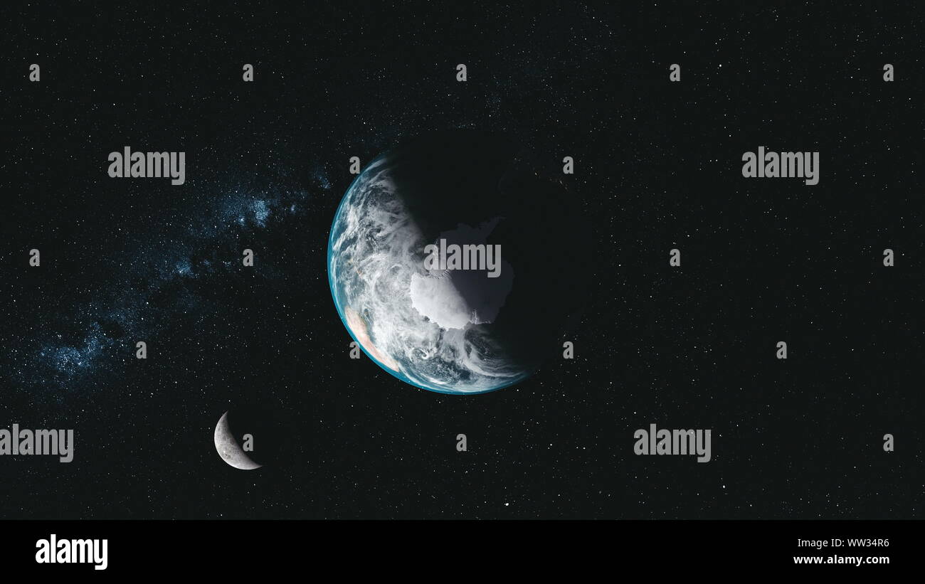 Massa Spin orbita Luna Via Lattea vista satellitare. Universo Zoom fascio Sun Glow nebulosa interstellare Deep Outer Space Exploration concetto animazione 3D Foto Stock