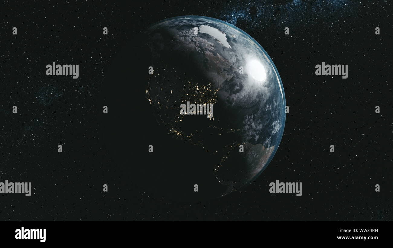 Spin Epic Pianeta Terra Galaxy notte vista satellitare. Aprire profondo cosmo la navigazione via lattea sfondo universo di viaggio il concetto di esplorazione di animazione 3D Foto Stock