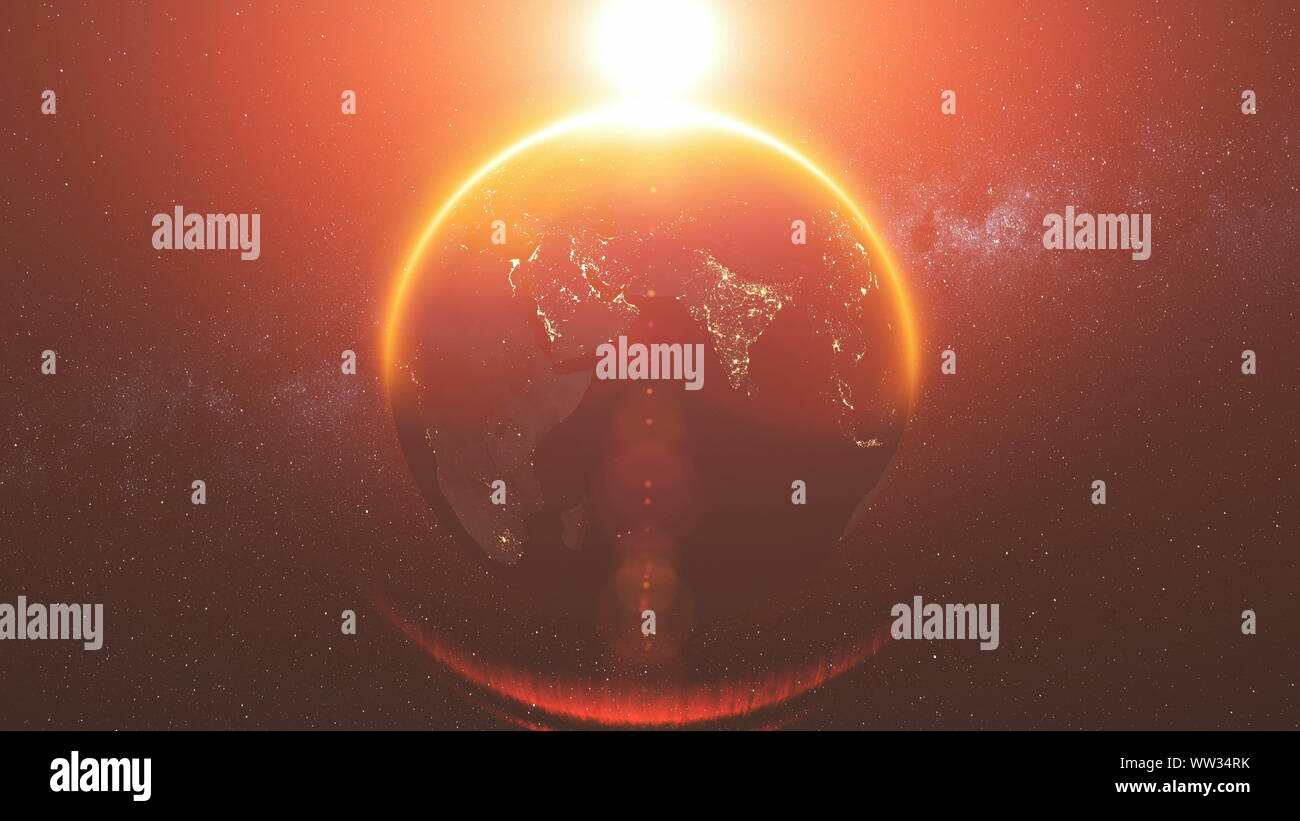 Orbita della terra la rotazione inversa rosso luminoso del fascio di Sun. Globo celeste Mappa mondo universo stellare galassia universo di costellazione Concetto di esplorazione di animazione 3D Foto Stock