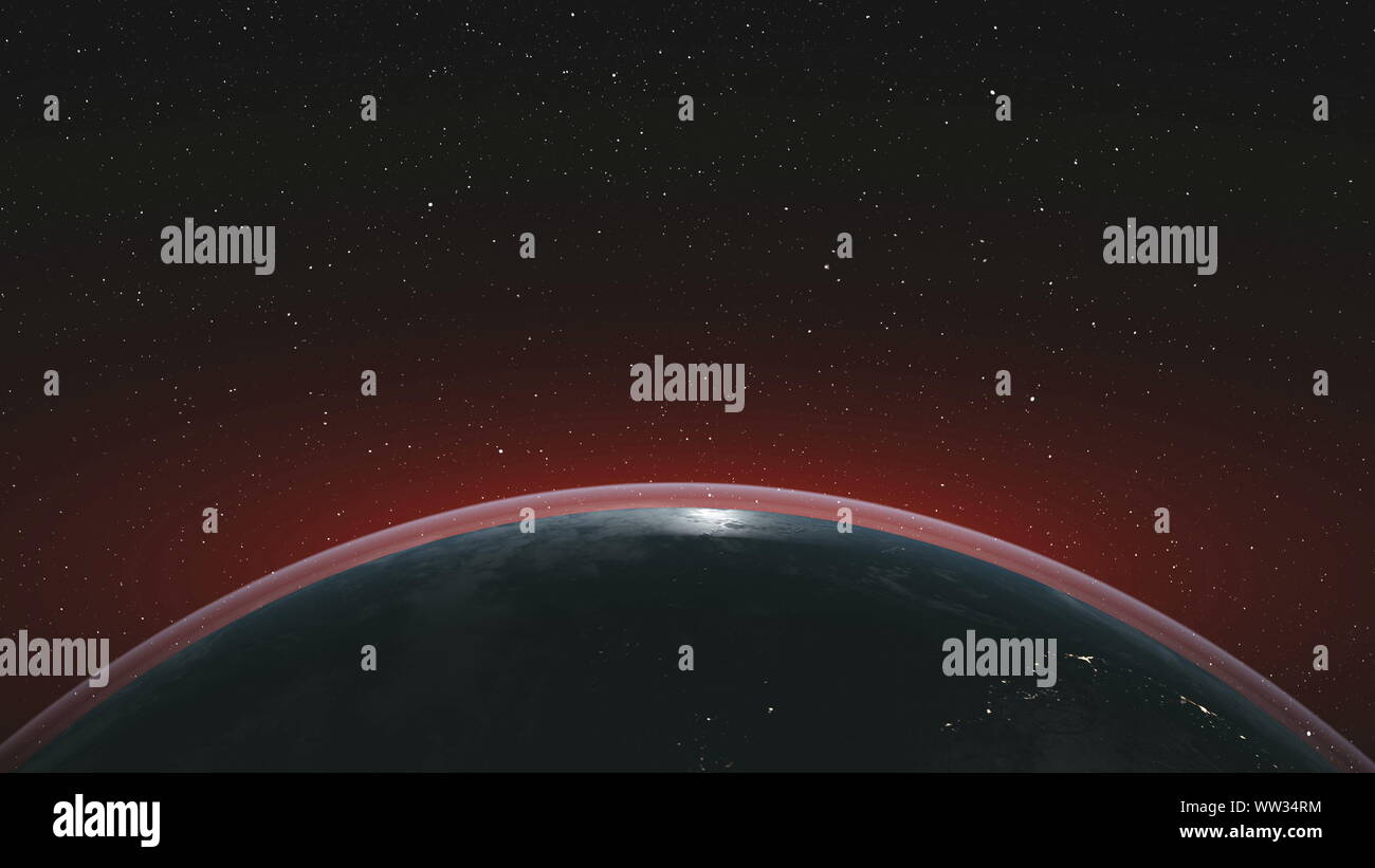 La terra ruota orbita pianeta Skyline sfondo stellato. Celeste costellazione interstellare Spin mappa del mondo Deep Space Exploration concetto animazione 3D Foto Stock