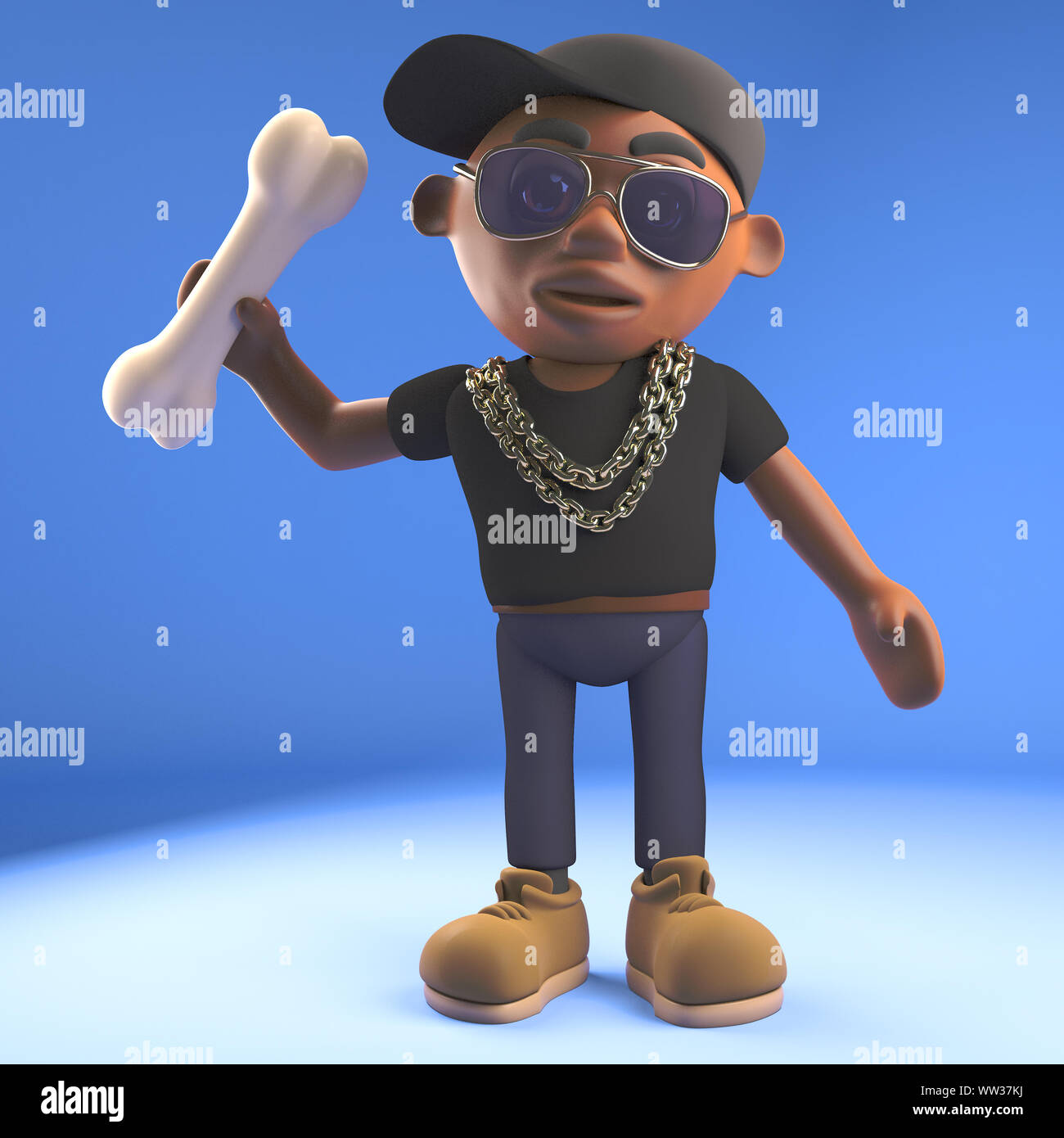 Cartoon black hiphop rapper in un cappello da baseball di gettare un osso, 3D render illustrazione Foto Stock