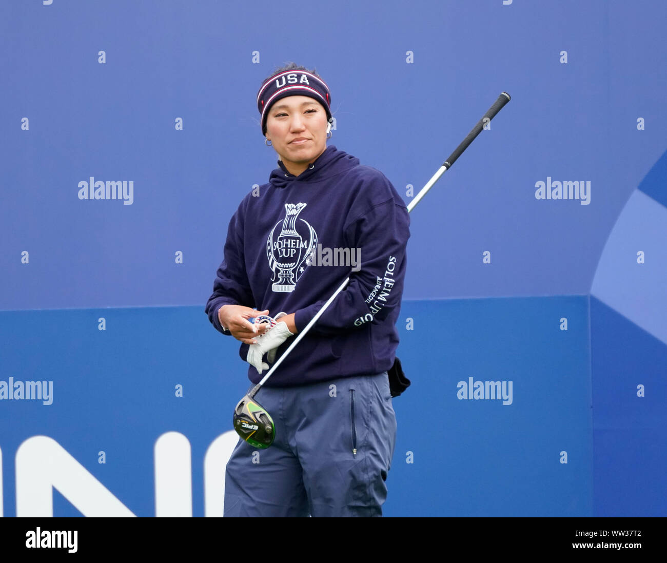 Auchterarder, Scotland, Regno Unito. Il 12 settembre 2019. Ultimo giorno di pratica a 2019 Solheim Cup su Centenary a Gleneagles. Nella foto; Annie Park sul primo tee. Iain Masterton/Alamy Live News Foto Stock