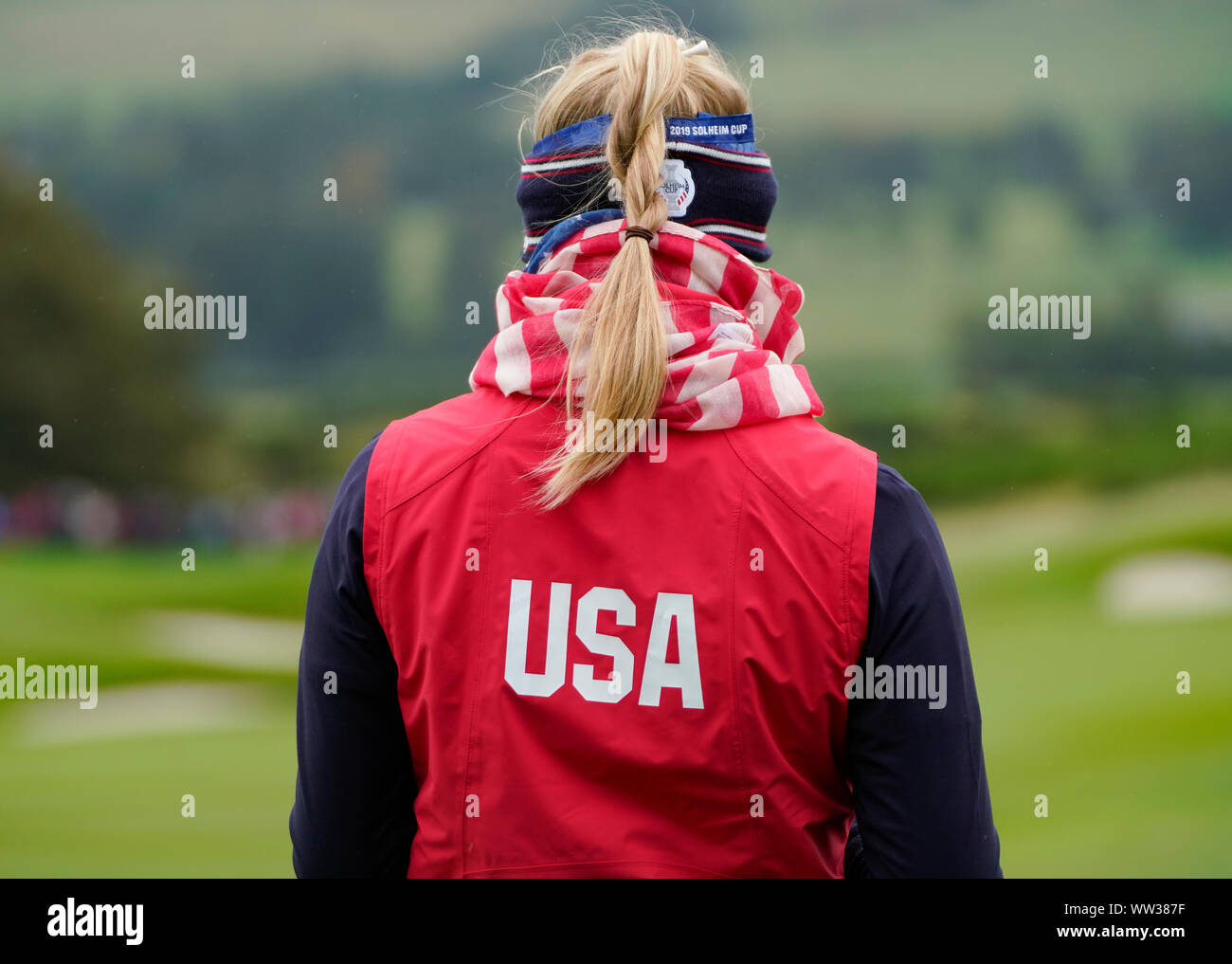 Auchterarder, Scotland, Regno Unito. Il 12 settembre 2019. Ultimo giorno di pratica a 2019 Solheim Cup su Centenary a Gleneagles. Nella foto; dettaglio di capelli di Jessica Korda. Iain Masterton/Alamy Live News Foto Stock