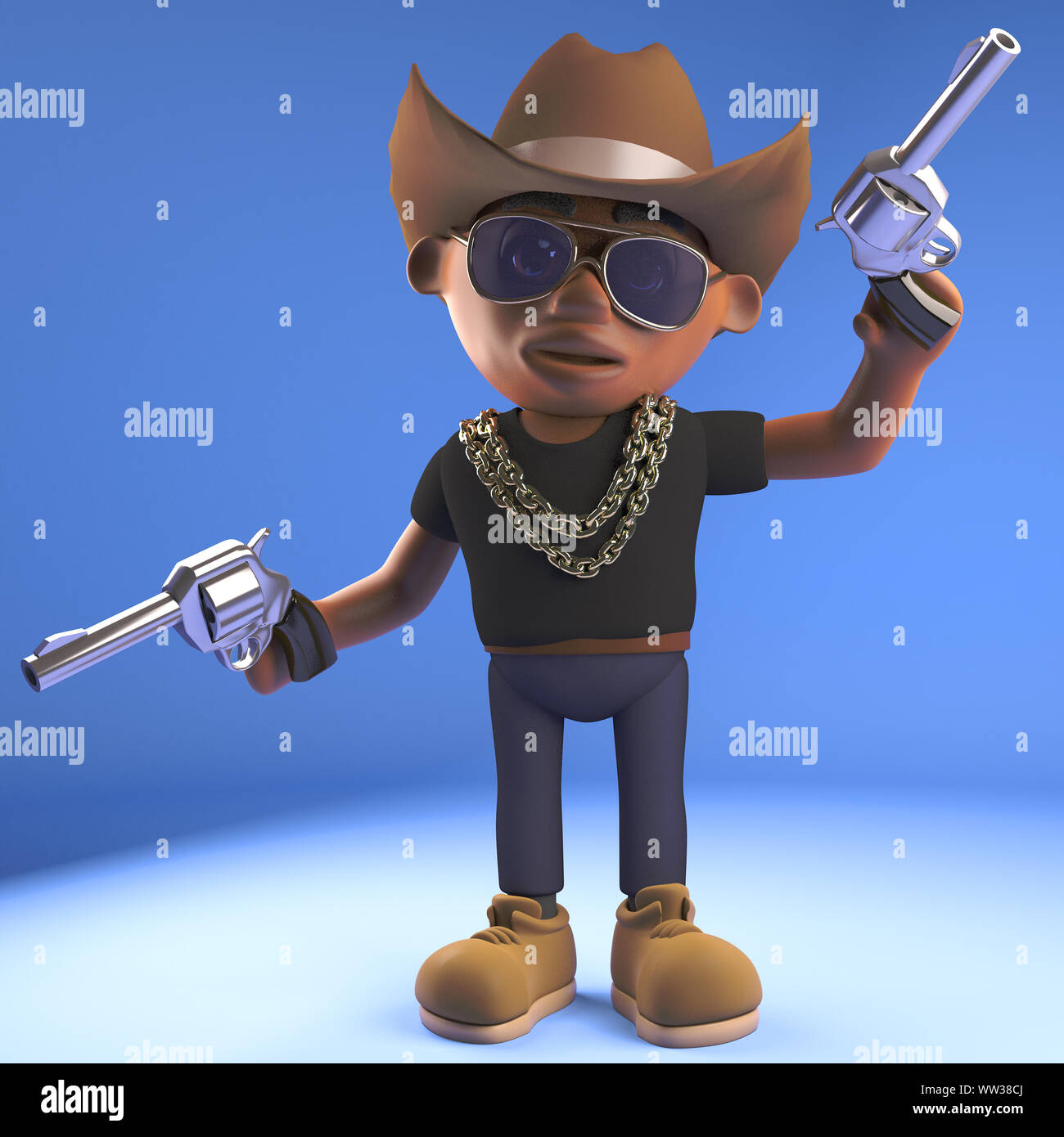 Cowboy hiphop rapper indossando un stetson e sparare una pistola in aria, 3D render illustrazione Foto Stock