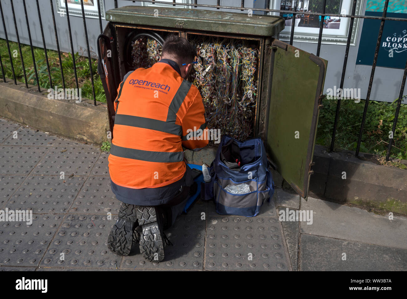 BT Openreach engineer lavorando a una utility box in Bruntsfield, Edimburgo, Scozia, Regno Unito. Foto Stock