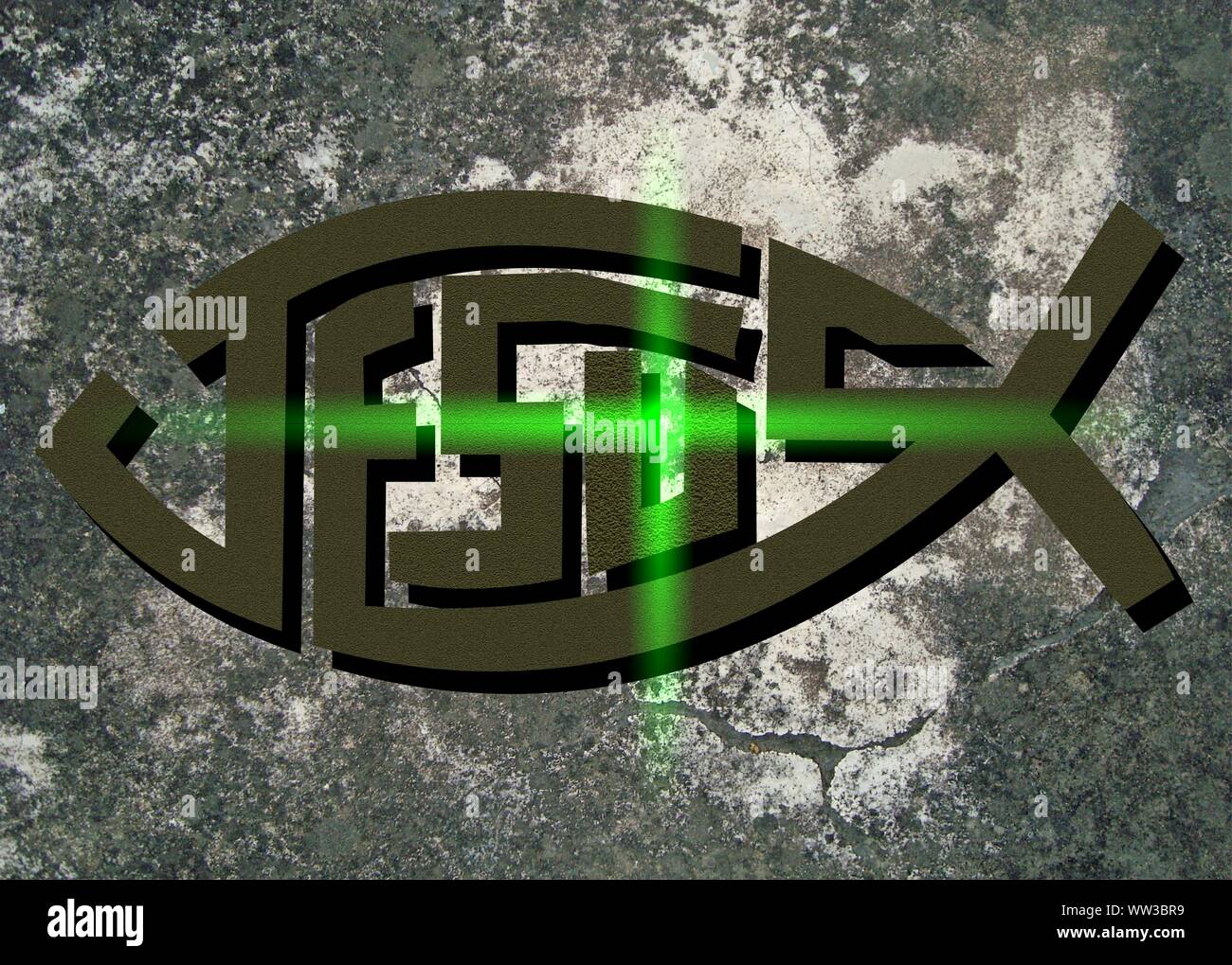 Gesù vive Gesù salva e il pesce icthus il segno per i credenti Foto Stock