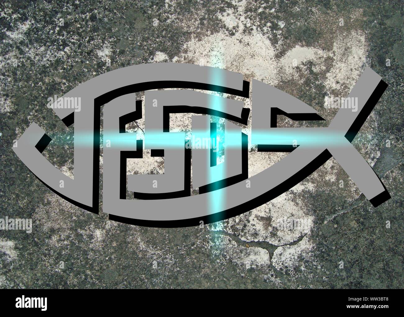 Gesù vive Gesù salva e il pesce icthus il segno per i credenti Foto Stock