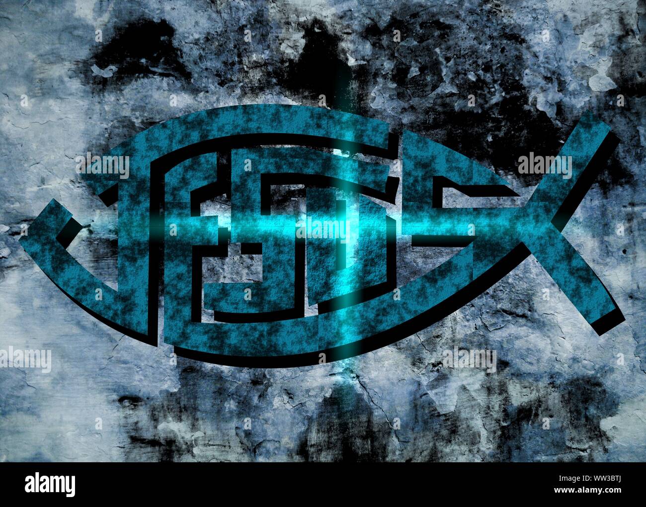 Gesù vive Gesù salva e il pesce icthus il segno per i credenti Foto Stock