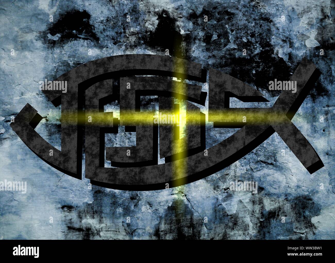 Gesù vive Gesù salva e il pesce icthus il segno per i credenti Foto Stock