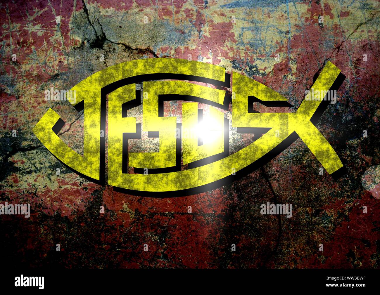 Gesù vive Gesù salva e il pesce icthus il segno per i credenti Foto Stock