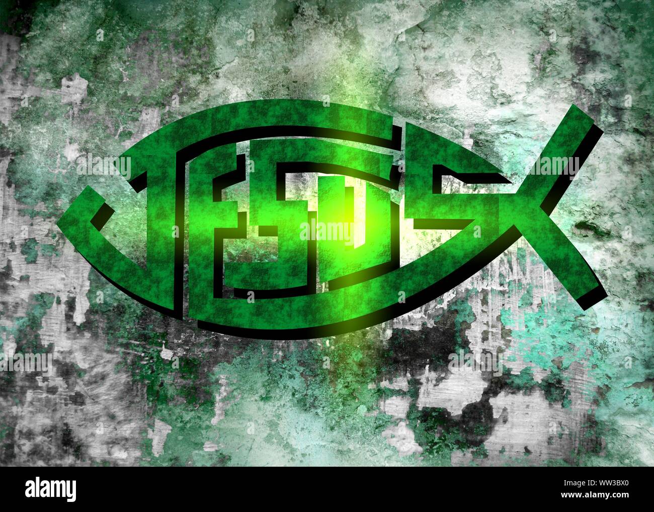 Gesù vive Gesù salva e il pesce icthus il segno per i credenti Foto Stock