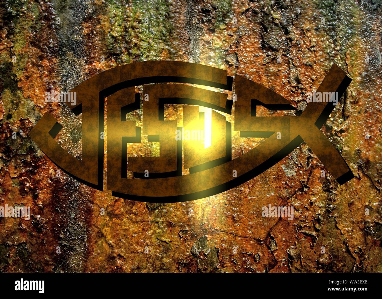 Gesù vive Gesù salva e il pesce icthus il segno per i credenti Foto Stock