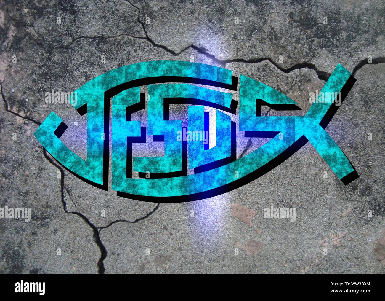 Gesù vive Gesù salva e il pesce icthus il segno per i credenti Foto Stock