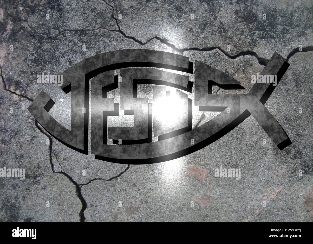 Gesù vive Gesù salva e il pesce icthus il segno per i credenti Foto Stock