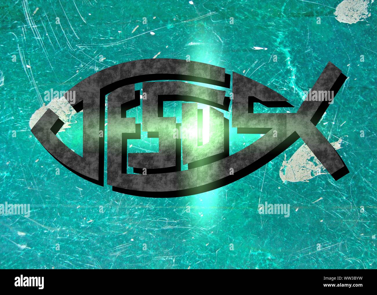 Gesù vive Gesù salva e il pesce icthus il segno per i credenti Foto Stock