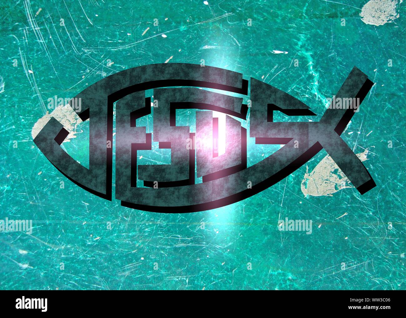 Gesù vive Gesù salva e il pesce icthus il segno per i credenti Foto Stock