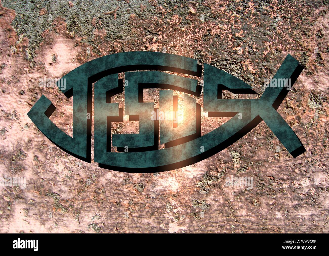 Gesù vive Gesù salva e il pesce icthus il segno per i credenti Foto Stock