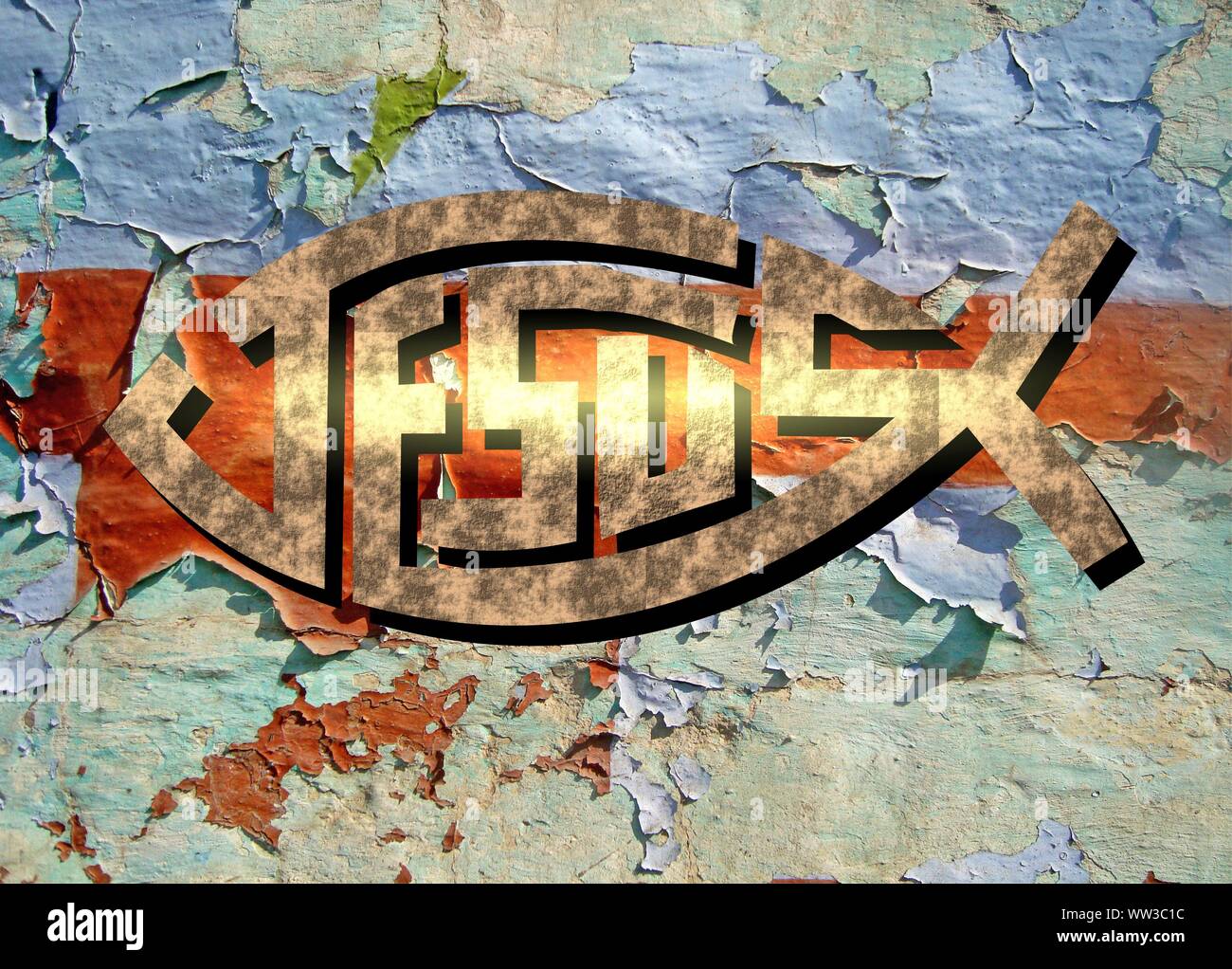 Gesù vive Gesù salva e il pesce icthus il segno per i credenti Foto Stock