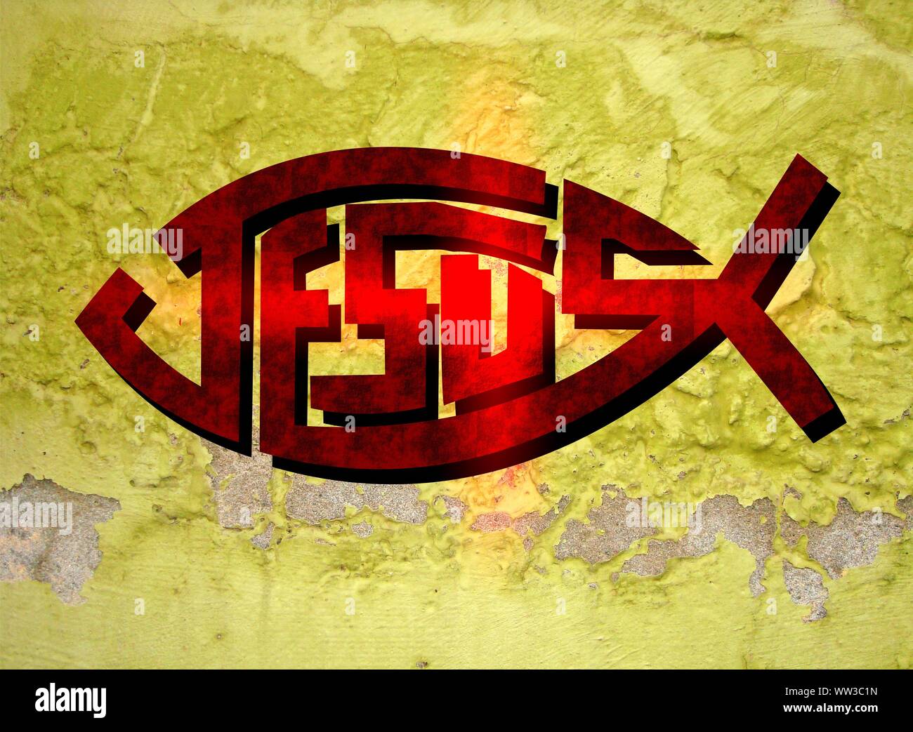 Gesù vive Gesù salva e il pesce icthus il segno per i credenti Foto Stock