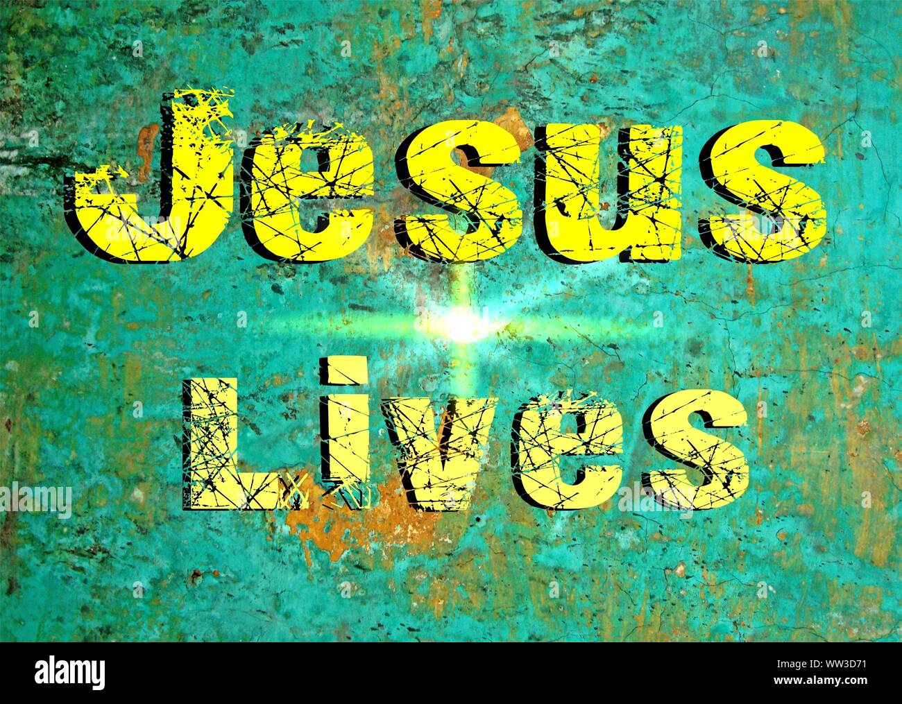 Gesù vive Gesù salva e il pesce icthus il segno per i credenti Foto Stock