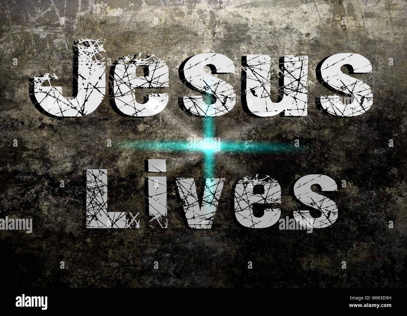 Gesù vive Gesù salva e il pesce icthus il segno per i credenti Foto Stock