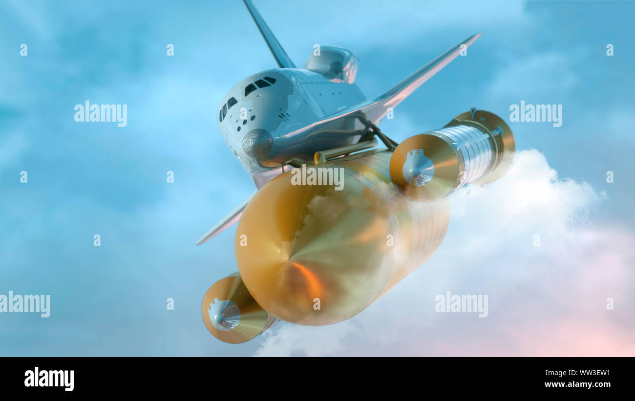 Space Shuttle volare sopra le nuvole. 3d'illustrazione. Foto Stock