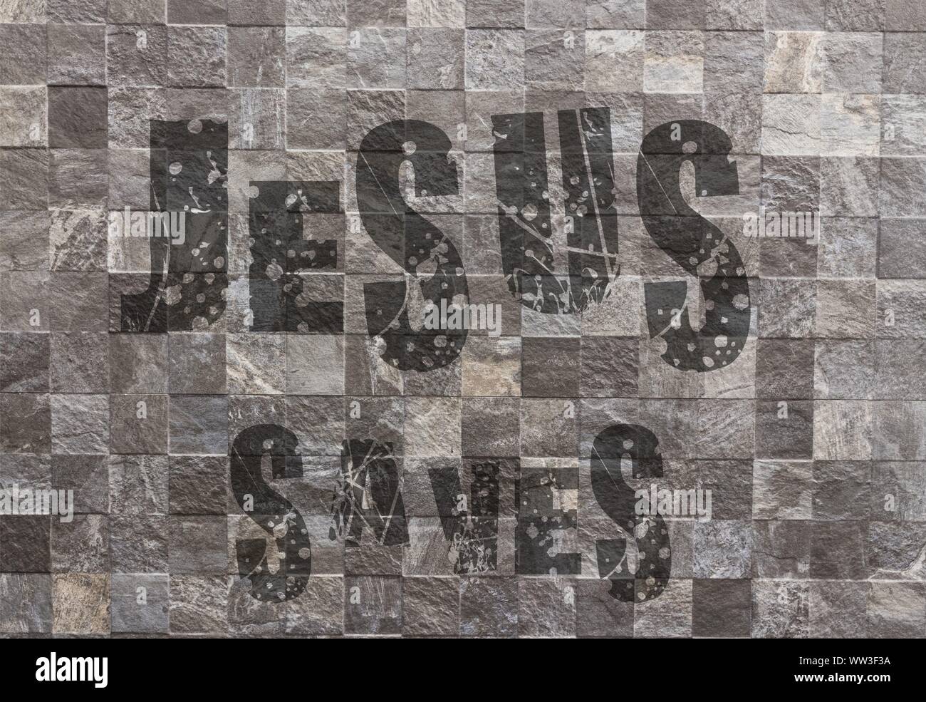 Gesù vive Gesù salva e il pesce icthus il segno per i credenti Foto Stock