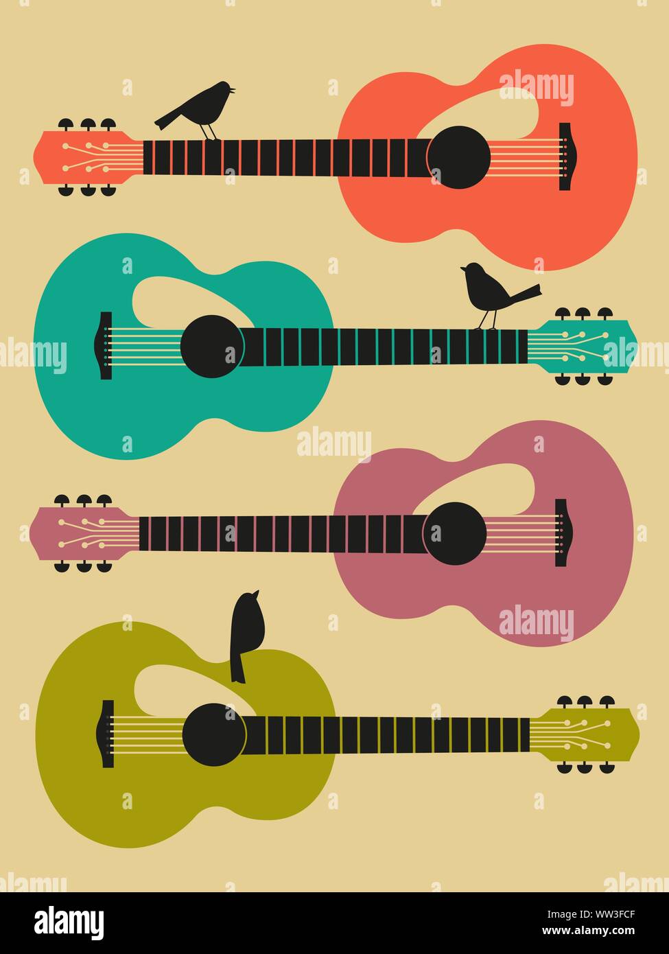 Poster di design modello con silhouette di chitarra acustica Illustrazione Vettoriale
