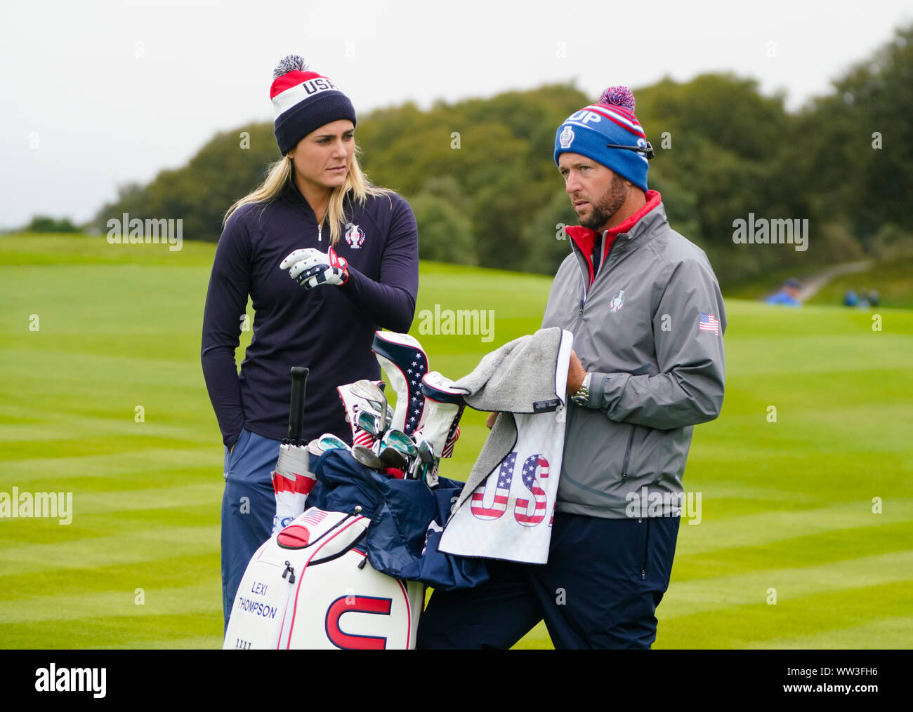 Auchterarder, Scotland, Regno Unito. Xii Sep, 2019. Ultimo giorno di pratica a 2019 Solheim Cup su Centenary a Gleneagles. Nella foto; Lexi Thompson con la sua caddie. Credito: Iain Masterton/Alamy Live News Foto Stock