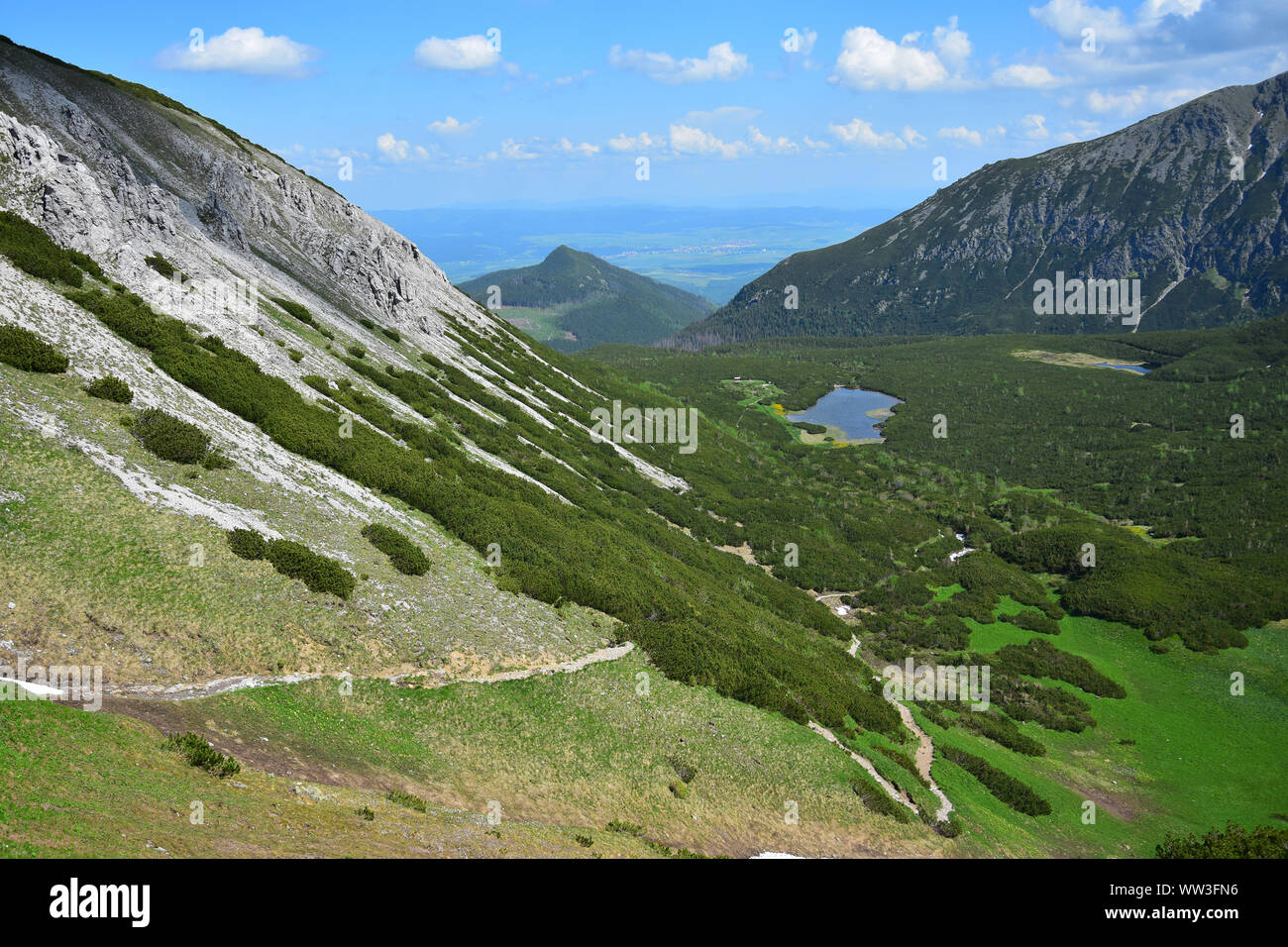 Il sentiero verso il basso dal Kopske sedlo al lago Vel'ke Biele pleso. La Slovacchia, Belianske Tatra. Foto Stock