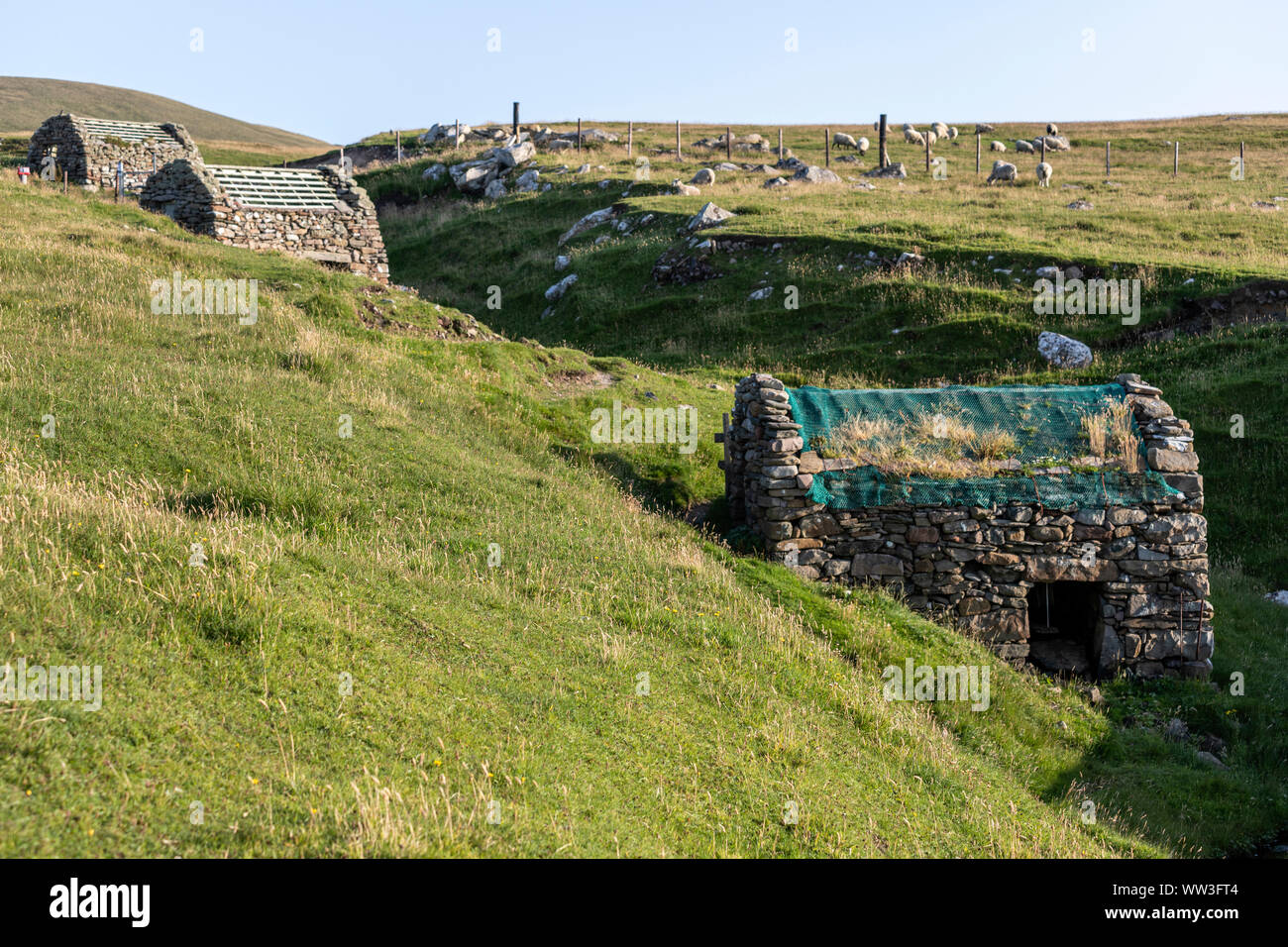 Huxter antichi mulini ad acqua, Sandness, Continentale, le isole Shetland, Scotland, Regno Unito Foto Stock