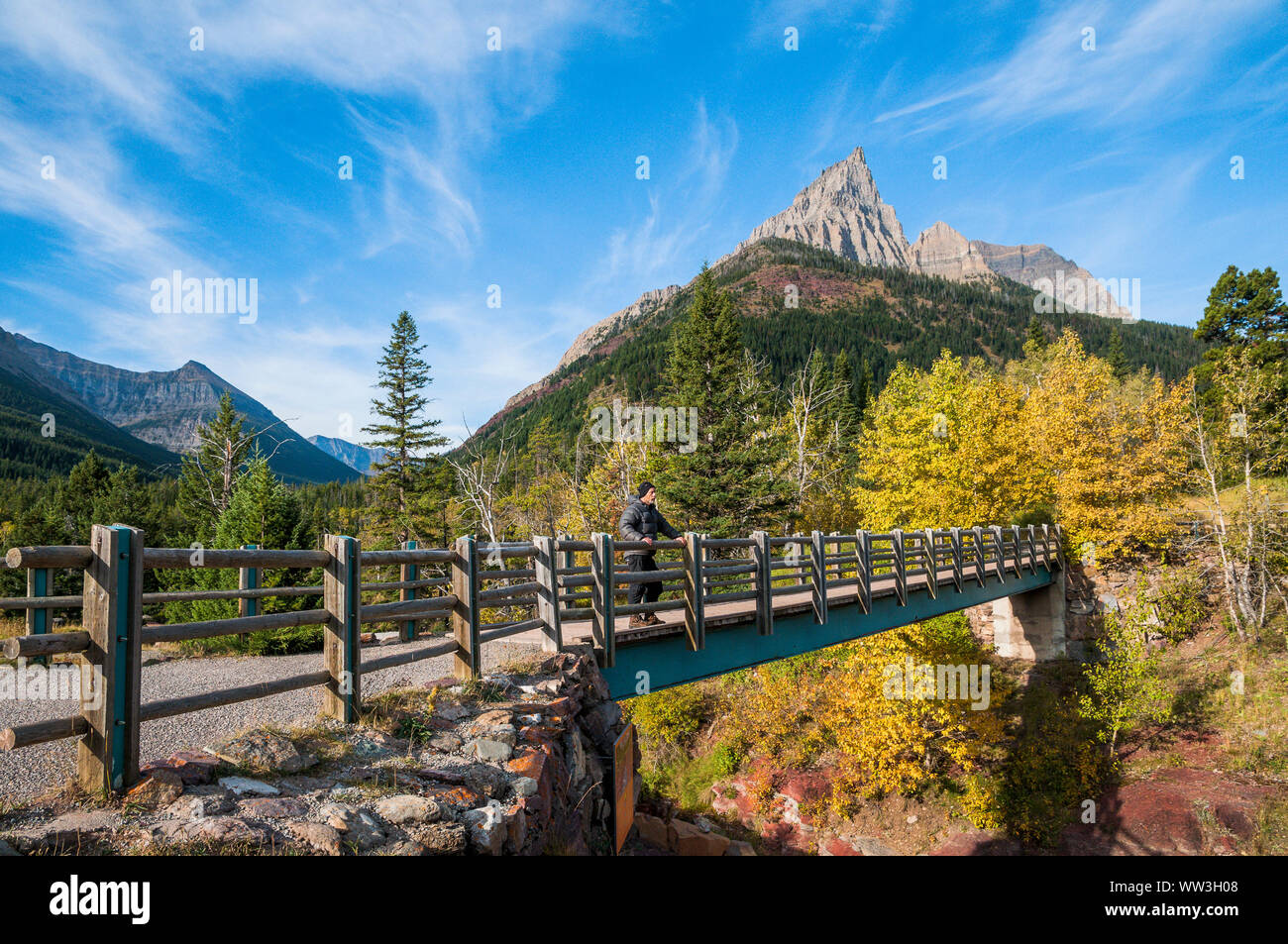 Bridge, il Red Rock Canyon, il Parco Nazionale dei laghi di Waterton, Alberta Foto Stock