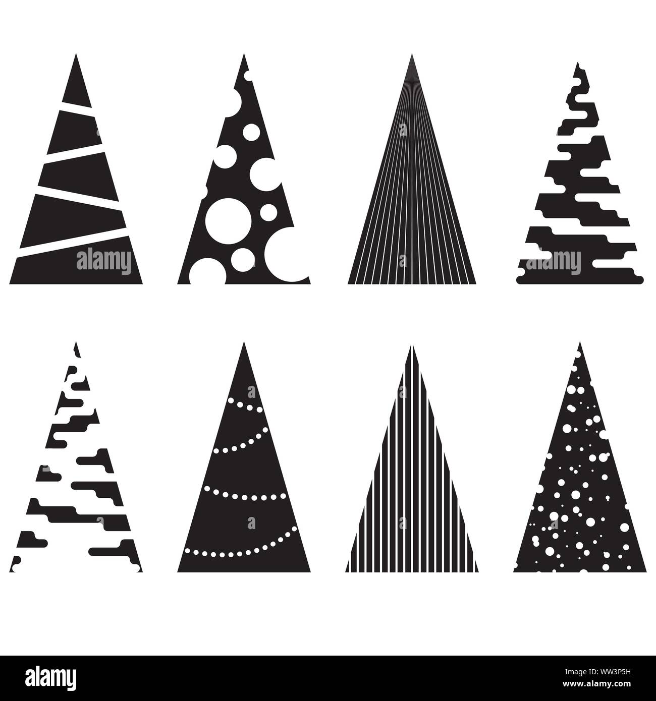 Set di geometrica nera di alberi di Natale. Illustrazioni vettoriali. Illustrazione Vettoriale