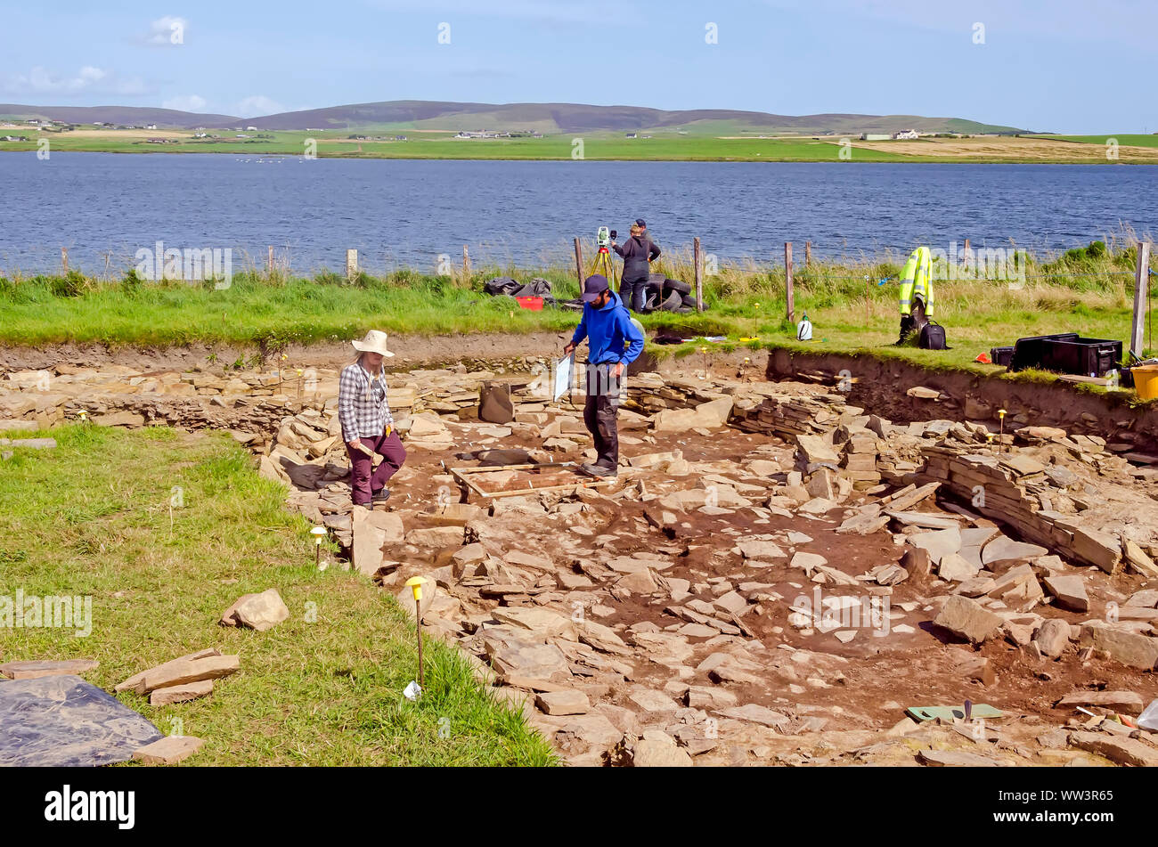 Scavo condotte a Ness di Brodgar Sito Archeologico terraferma Isole Orcadi Scozia Scotland Foto Stock