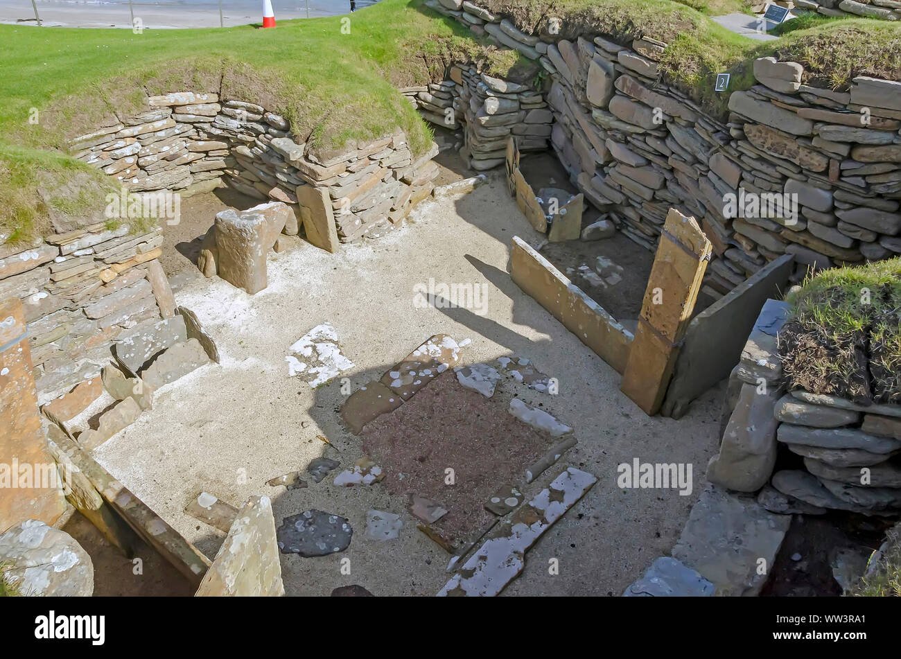 Skara Brae Neolitchic insediamento più di 5 mila anni fa è il meglio conservato età della pietra villaggio neolitico in nord Europa, isole Orcadi, Scozia Foto Stock