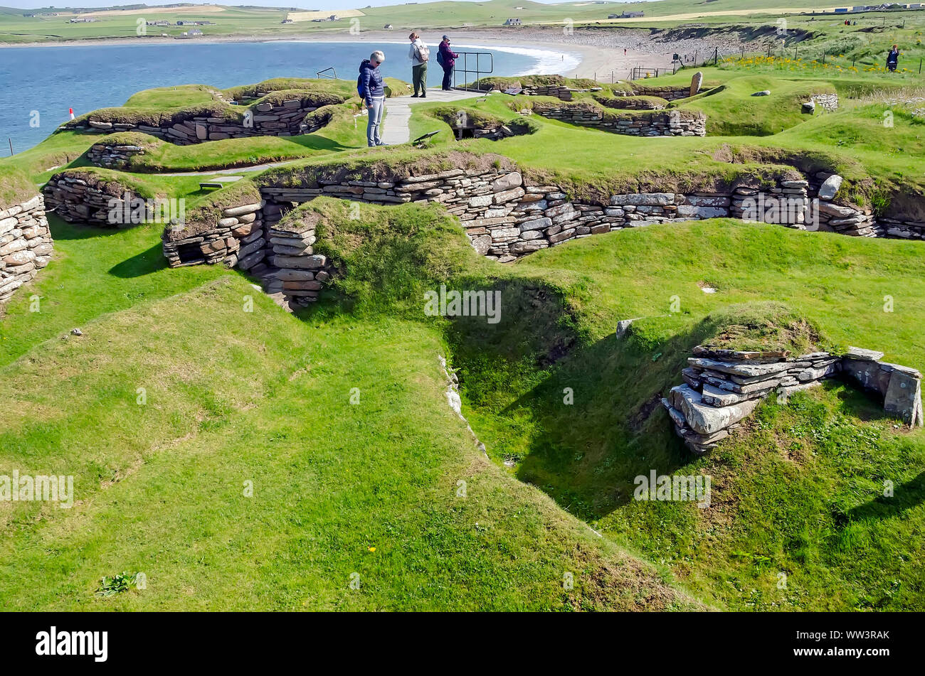 Skara Brae Neolitchic insediamento più di 5 mila anni fa è il meglio conservato età della pietra villaggio neolitico in nord Europa, isole Orcadi, Scozia Foto Stock