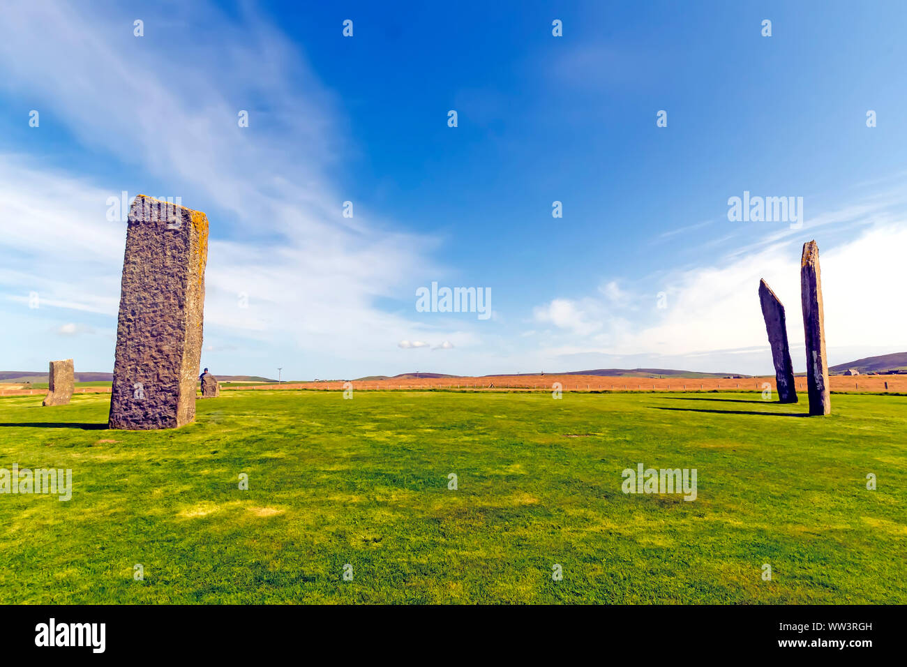 Pietre permanente di Stenness risale almeno 3100BC e fa parte del Cuore delle Orcadi Neolitiche Sito Patrimonio Mondiale dell'UNESCO, Scozia Foto Stock