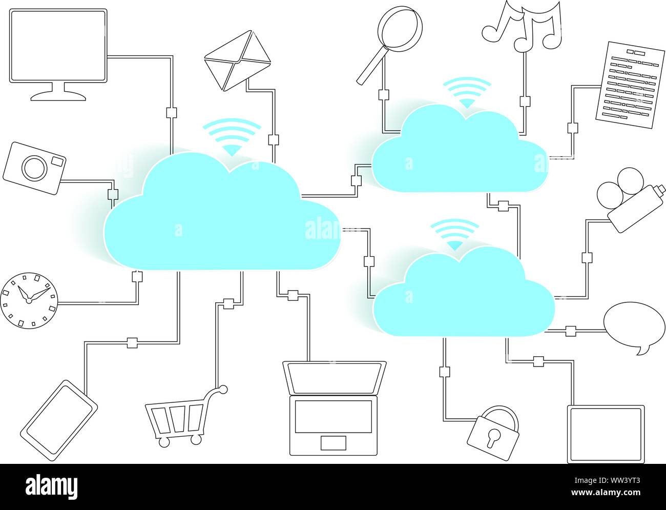 Il Cloud Computing carta icone di esclusione Dispositivi BYOD Rete - Accesso Internet Wifi concetto, EPS10 raggruppati e stratificati, contiene miscele Illustrazione Vettoriale
