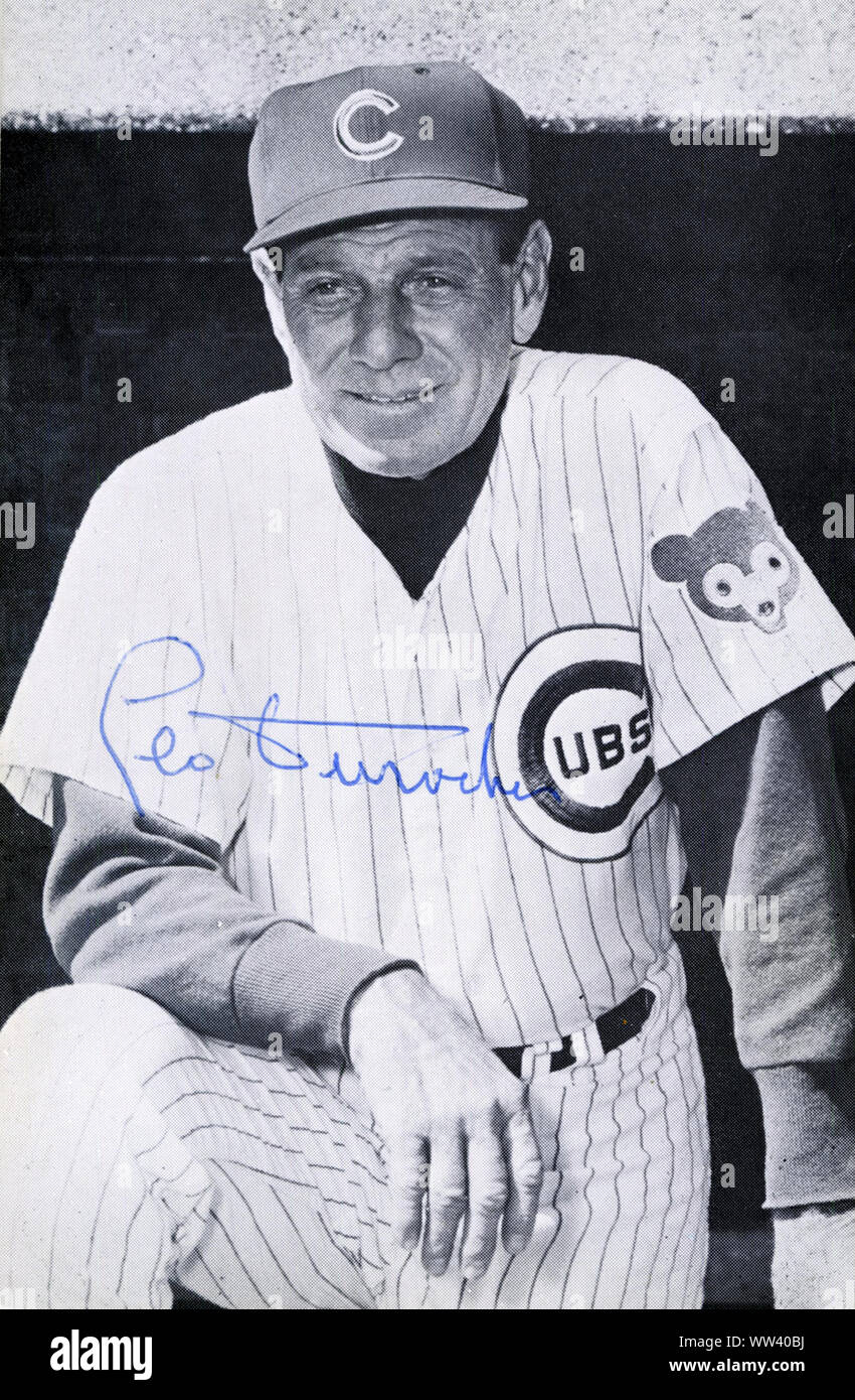 Vintage foto autografate di Leo Durocher che era un giocatore di baseball, pullman e manager nei maggiori campionati con New York Giants, Brooklyn e Los Angeles Dodgers e Chicago Cubs negli anni quaranta attraverso degli anni settanta. Foto Stock